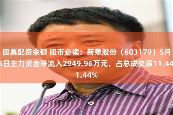 股票配资余额 股市必读：新泉股份（603179）5月15日主力资金净流入2949.96万元，占总成交额11.44%
